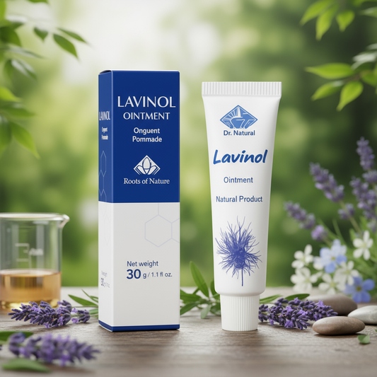 Lavinol ointment packaging and tube on a wooden surface with a natural background