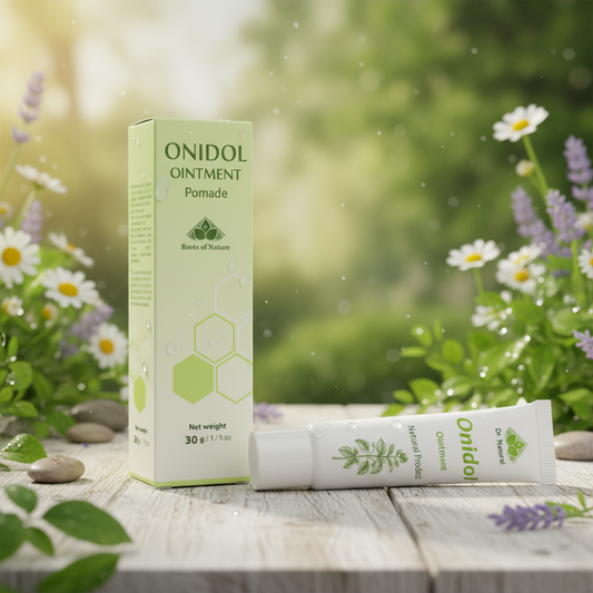 Onidol ointment packaging with a natural background of flowers and greenery