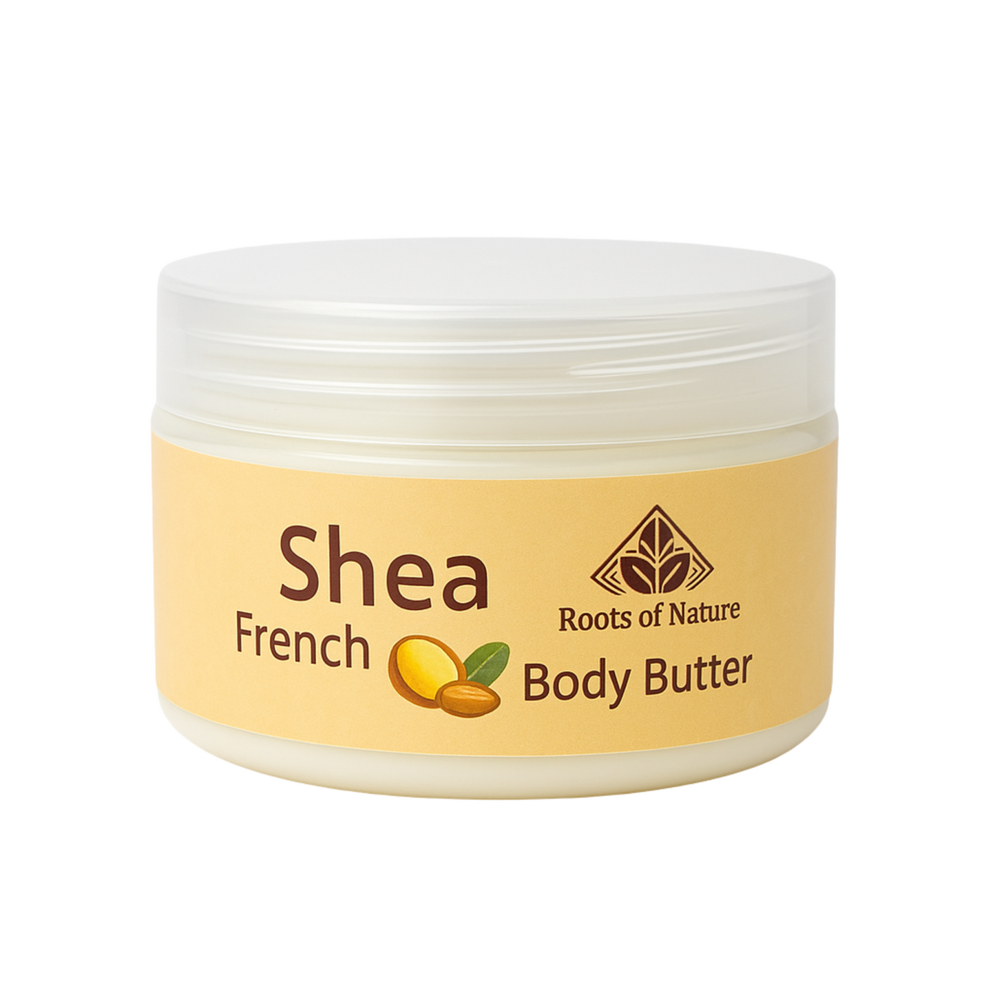 Jar of Shea French Body Butter with 'Roots of Nature' branding on a white background