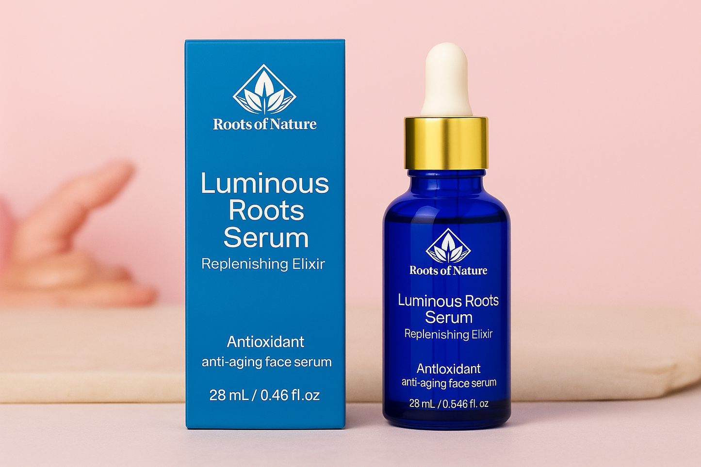 Luminous Roots Serum packaging with dropper bottle on a pink background