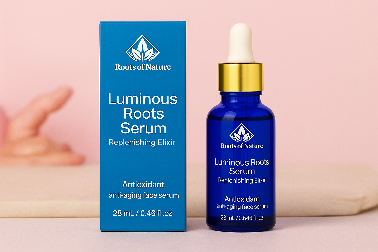 Luminous Roots Serum packaging with dropper bottle on a pink background