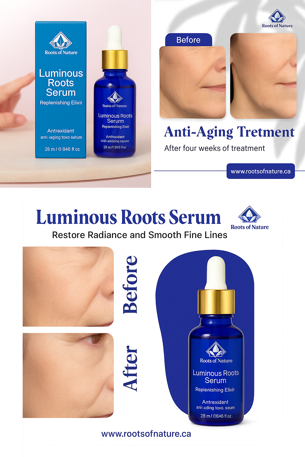Advertisement for Luminous Roots Serum with product packaging and before-and-after effects on skin.