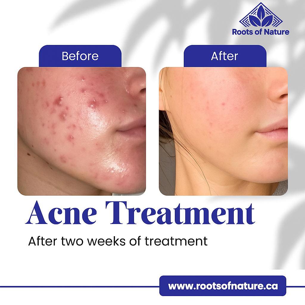 Before and after acne treatment comparison with 'Roots of Nature' branding.