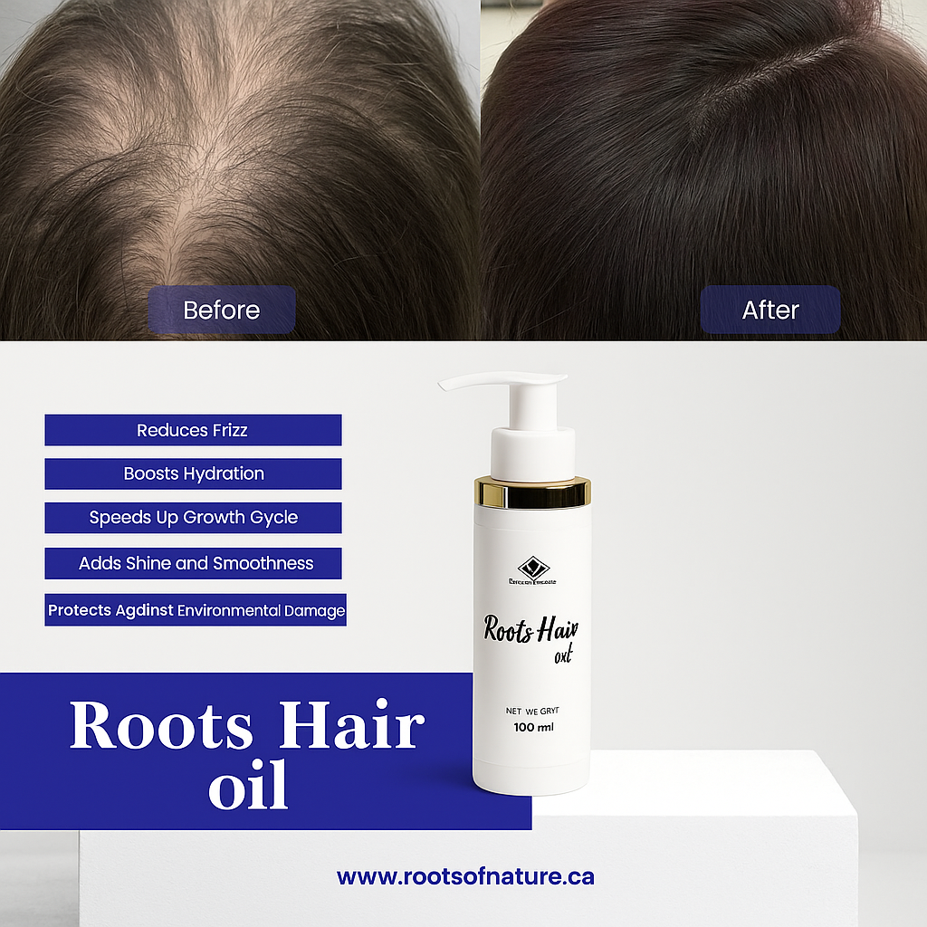 Before and after comparison of hair with Roots Hair Oil and product packaging.