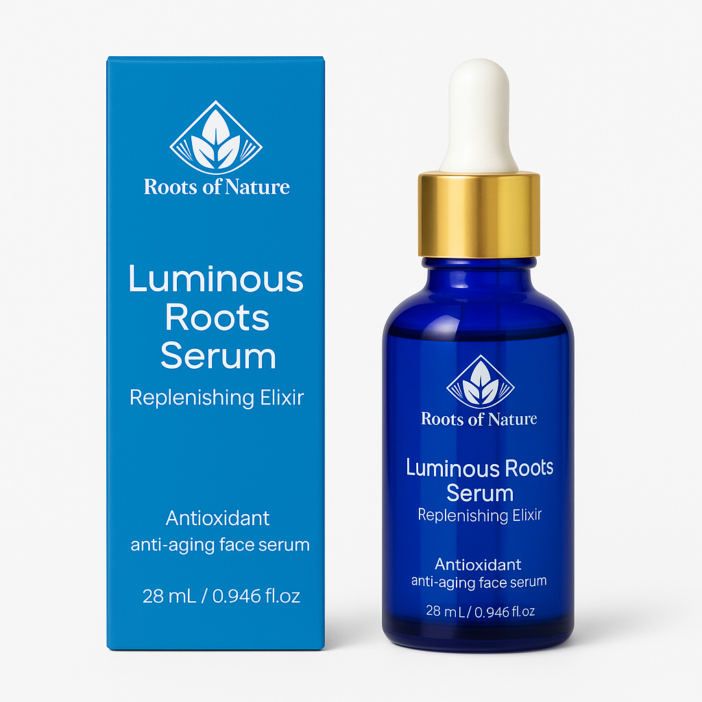 Luminous Roots Serum packaging by Roots of Nature on a white background